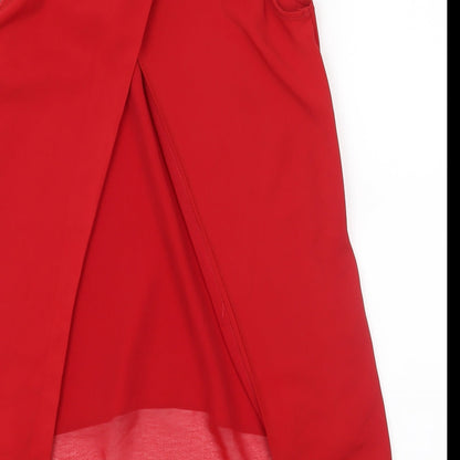Brand and care label for Dorothy Perkins women’s red basic tank, size UK 8