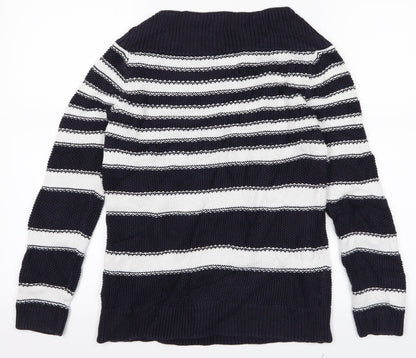 Back view of Marks & Spencer women’s blue striped jumper, size UK 8