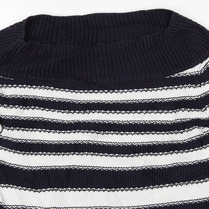 Close-up detail of Marks & Spencer women’s blue striped jumper, size UK 8