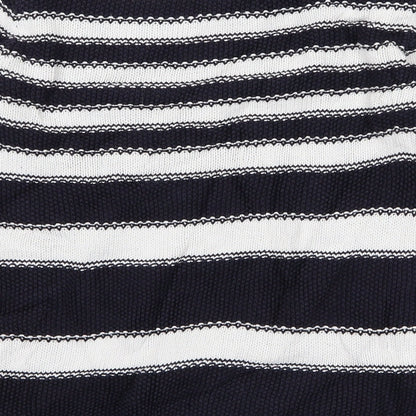Brand and care label for Marks & Spencer women’s blue striped jumper, size UK 8