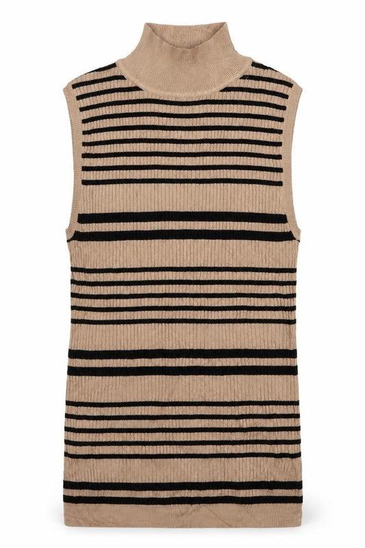 Front view of Select women’s brown striped vest jumper, size UK 12