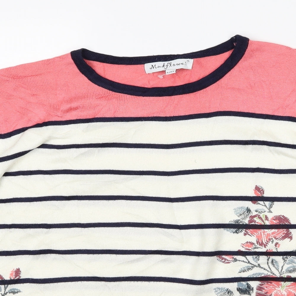 Mudflower Womens White Striped  Pullover Jumper Size L  - Flowers