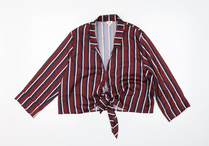 Additional front view of River Island women’s brown striped satin basic blouse, size UK 14