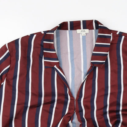 Close-up detail of River Island women’s brown striped satin basic blouse, size UK 14