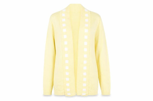 Front view of Impressions women’s yellow knit cardigan jumper, size M