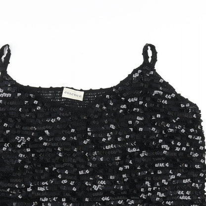 Close-up detail of Essence women’s black basic blouse, size UK 16