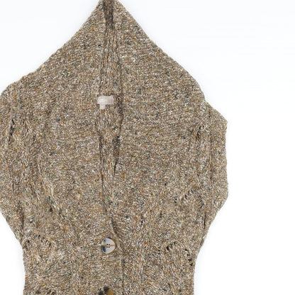 Close-up detail of Soon women’s brown knit jacket, size UK 14
