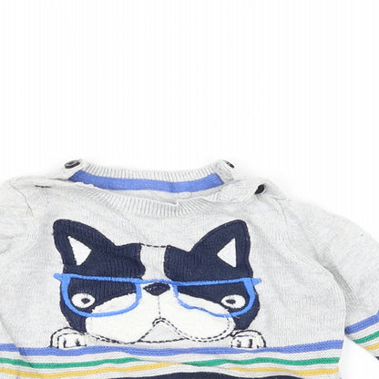Close-up detail of Tu Baby Grey Striped Knit jumper, size 0-3, Months - Dog