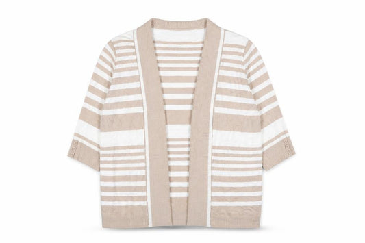 Front view of isle women’s beige striped cardigan jumper, size UK 18