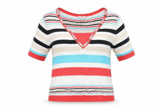 Front view of petite women’s white striped basic t-shirt, size S