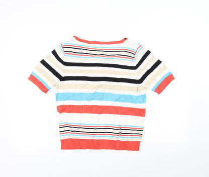 Back view of petite women’s white striped basic t-shirt, size S