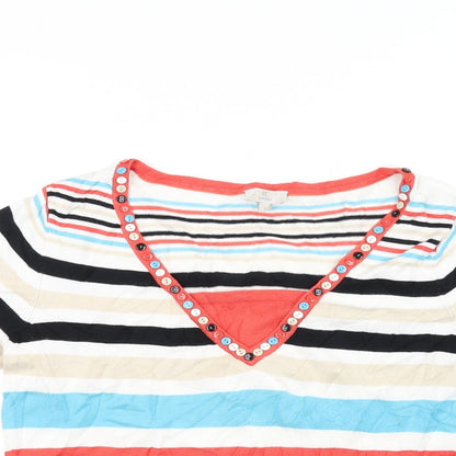 Close-up detail of petite women’s white striped basic t-shirt, size S