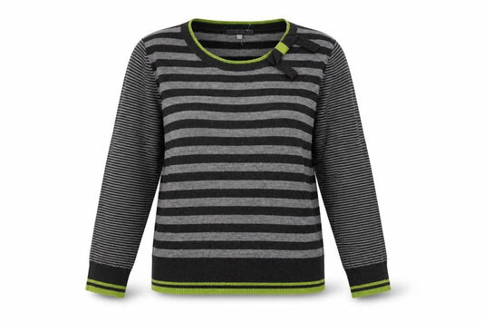 Front view of Per Una women’s grey striped jumper, size UK 12