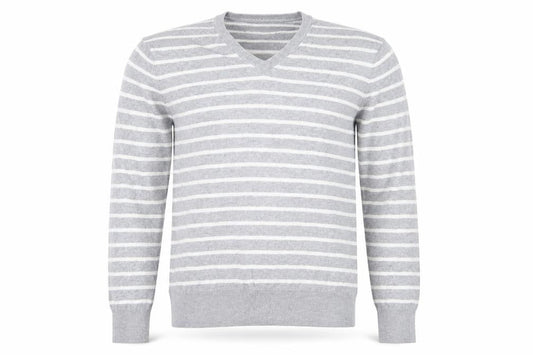 Front view of Gap men’s grey striped knit jumper, size XS