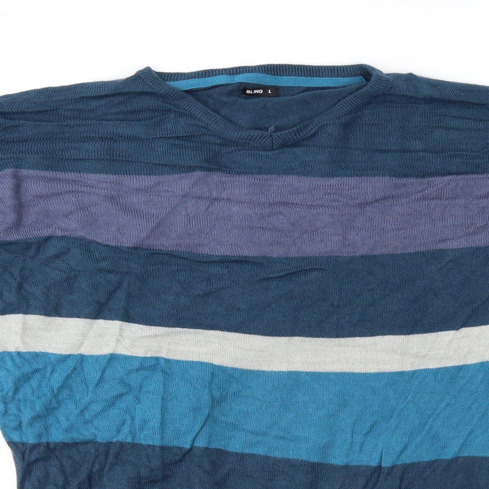 Bling Mens Blue Striped Knit Pullover Jumper Size L