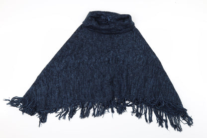 Front view of M&Co women’s blue jacket poncho, size L, - fringed poncho