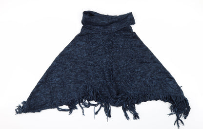 Back view of M&Co women’s blue jacket poncho, size L, - fringed poncho