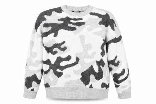 Front view of Peacocks women’s grey animal print jumper, size L