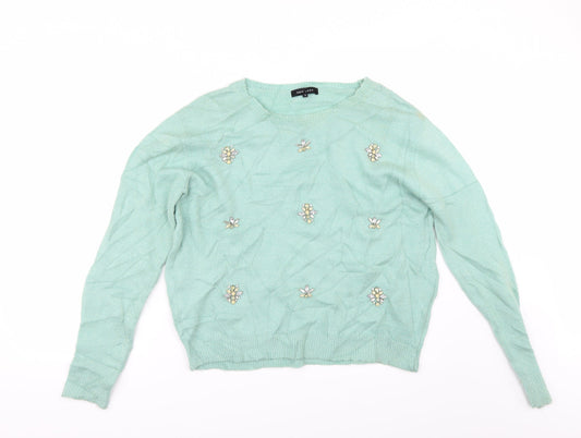 New Look Womens Green   Pullover Jumper Size 8  - rhinestone