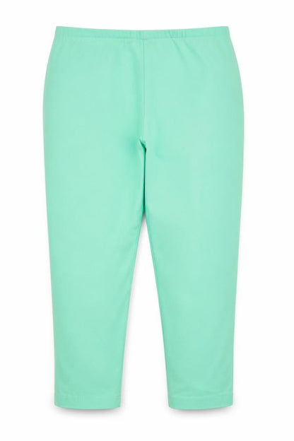 Front view of Simply Stockshop women’s green capri trousers, size UK 10, 20-inch leg