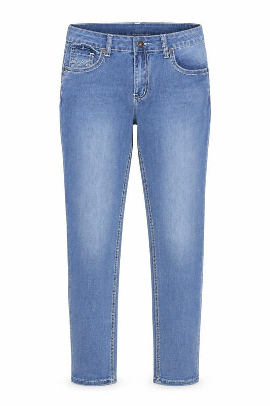 Front view of women’s blue denim skinny jeans, size UK 32, in, 30-inch leg