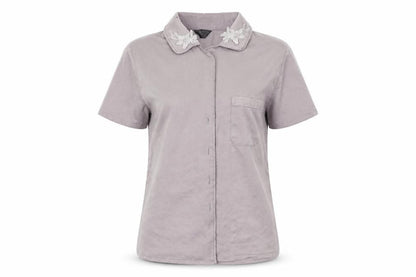 Front view of Secret Possessions women’s grey basic button-up, size UK 4