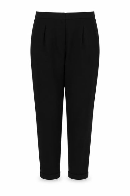 Front view of Preworn women’s black trousers, size UK 16, 26-inch leg