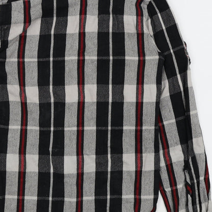 Brand and care label for UrbanSpirit men’s grey check button-up, size S