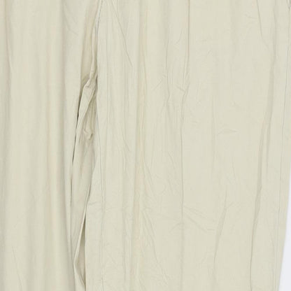 Close-up detail of Veromoda women’s beige chino trousers, size UK 12, 29-inch leg