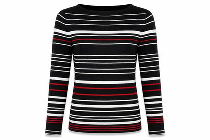 Front view of For Women women’s black striped jumper, size UK 12