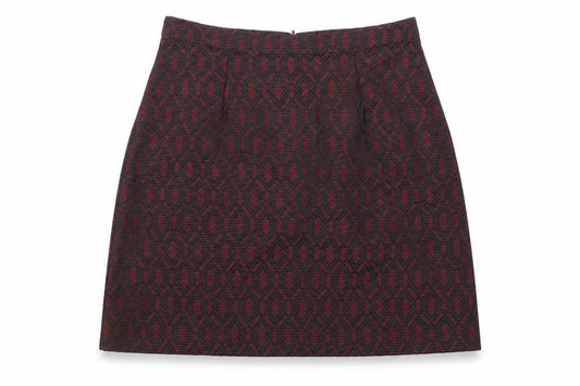 Front view of New Look women’s red geometric mini skirt, size UK 8