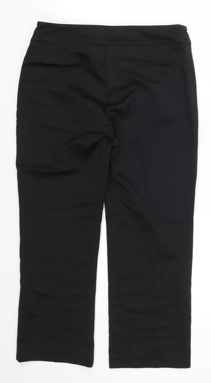 Back view of Preworn women’s black trousers, size UK 30, in, 24-inch leg