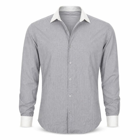 Front view of Cedarwood State men’s grey striped button-up, size 15.5