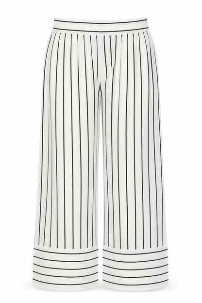 Front view of Preworn women’s white striped trousers, size UK 31, in, 23-inch leg