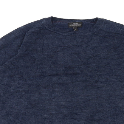 Close-up detail of Next men’s blue pullover sweatshirt, size S