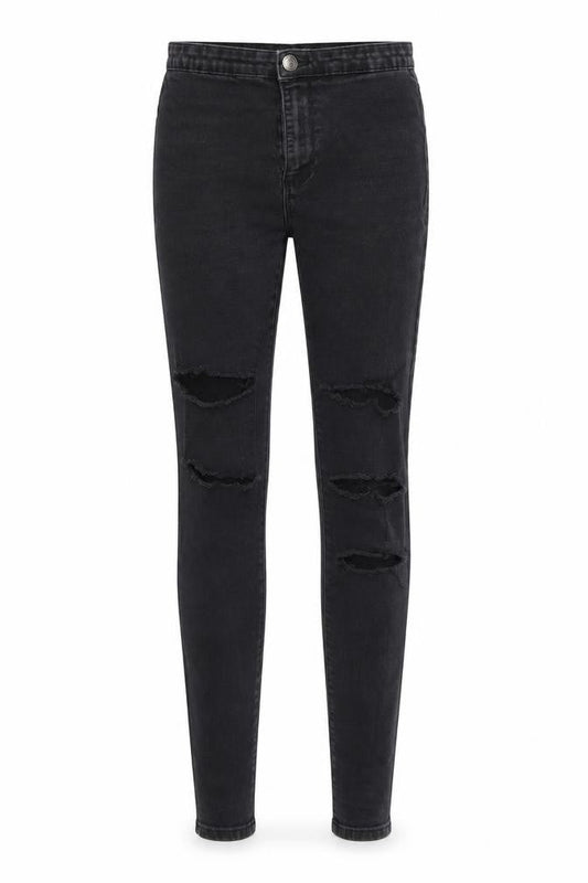 Front view of Denim & Co. women’s black denim skinny jeans, size UK 8, 29-inch leg