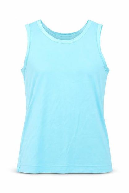Front view of Papillon women’s blue jersey basic tank, size M
