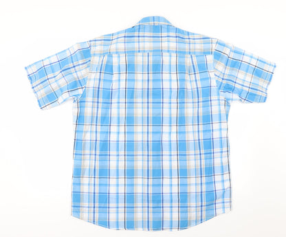 Back view of EWM men’s blue striped woven button-up, size L