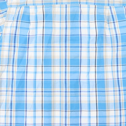 Brand and care label for EWM men’s blue striped woven button-up, size L