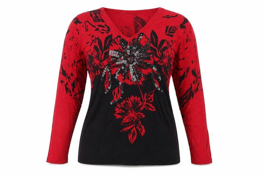 Front view of EWM women’s red floral jumper, size M