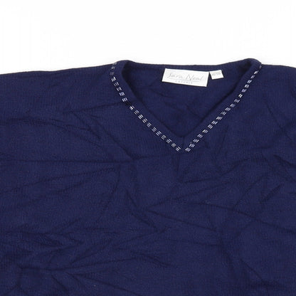 Close-up detail of Sara Neal women’s blue jumper, size UK 18