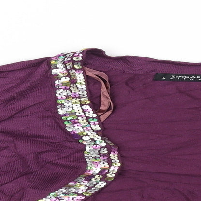 Close-up detail of Zingara women’s purple cardigan jumper, size UK 14, - sequin