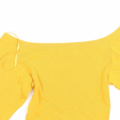 Close-up detail of Topshop women’s orange corduroy jumper, size UK 8