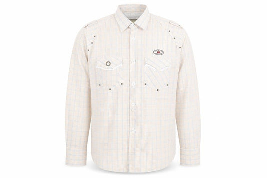 Front view of Never Nine men’s beige button-up, size XL