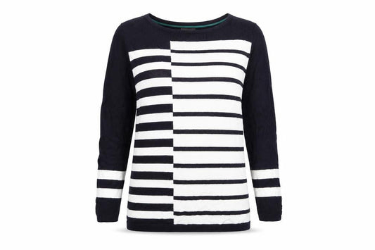 Front view of Per Una women’s white striped knit jumper, size UK 8