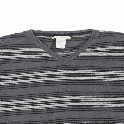 Close-up detail of Gap men’s grey striped knit jumper, size M