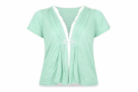 Front view of Per Una women’s green knit cardigan jumper, size UK 16