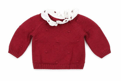 Front view of Nutmeg girls’ red knit jumper, size 0-3, months