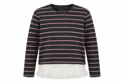 Front view of Here + There girls’ green striped knit jumper, size 13-14, years