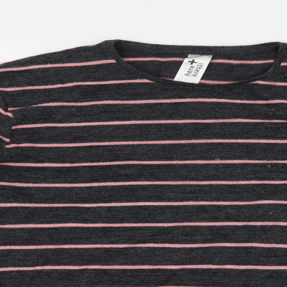 Close-up detail of Here + There girls’ green striped knit jumper, size 13-14, years
